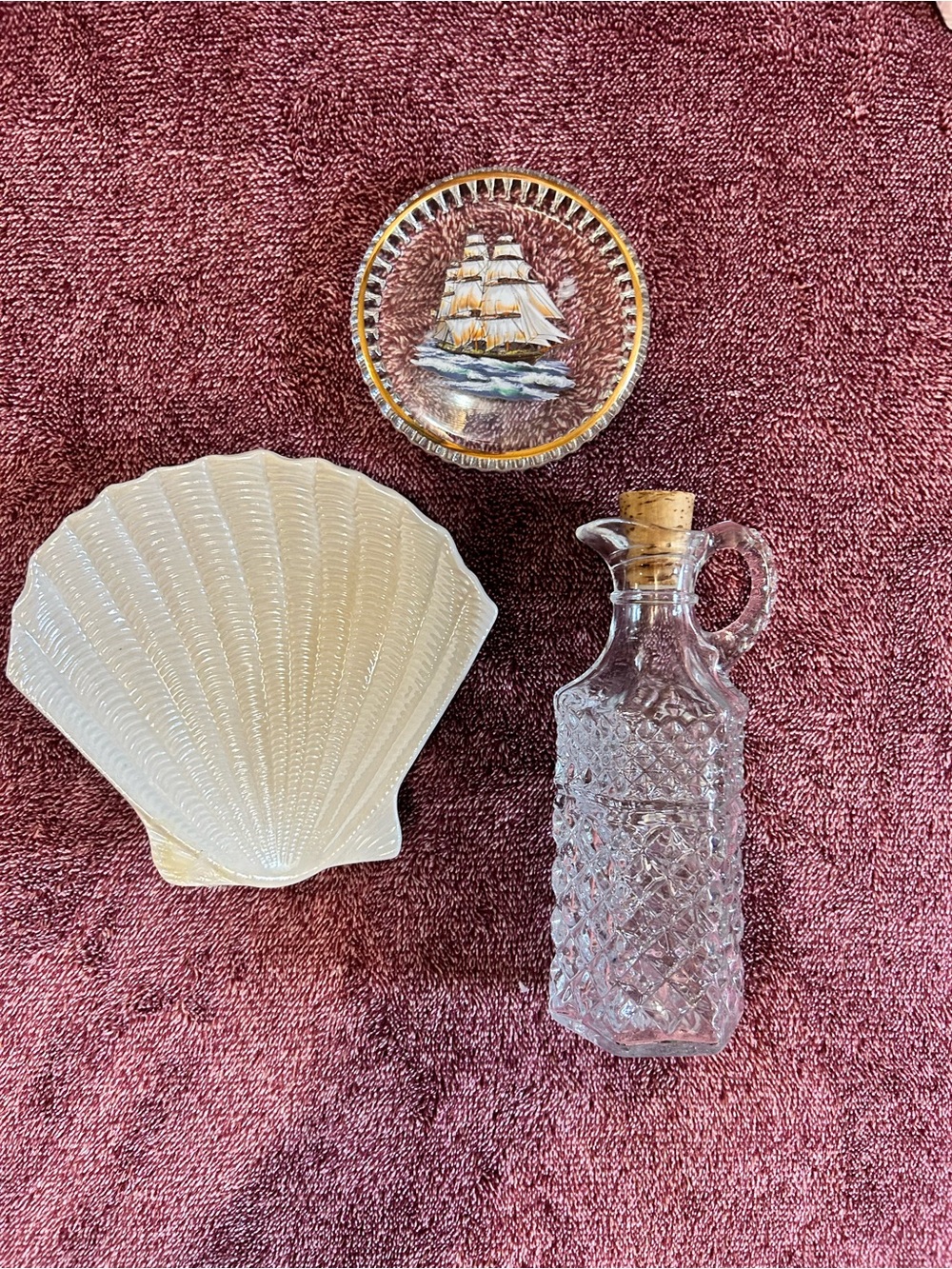 Coastal Nautical Glass Decor Lot Shell Dish Ship Paperweight Jar Cruet Bottle